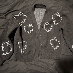 Black Cardigan with White Abstract Patch Motifs